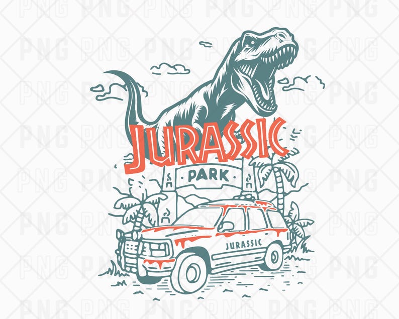 Pu&ograve; includere: Un'illustrazione grafica con un Tyrannosaurus Rex ruggente sopra un cancello di Jurassic Park e un veicolo. Il testo JURASSIC PARK &egrave; visualizzato in rosso. Il design include palme, nuvole e un'auto con accenti di colore rosso.
