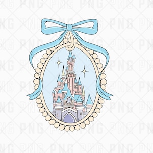 Puede incluir: Una ilustración azul y blanca de un castillo de cuento de hadas con un borde de perlas y un lazo de cinta azul.