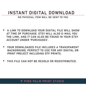 May include: Instant digital download graphic with the text "INSTANT DIGITAL DOWNLOAD" in red and white. The text "NO PHYSICAL ITEM WILL BE SENT TO YOU" is in black below the main text. The graphic includes three bullet points with information about the digital download.