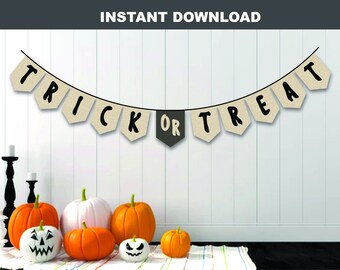 Pancarta de truco o trato, decoraciones imprimibles para fiestas de Halloween, descarga instantánea