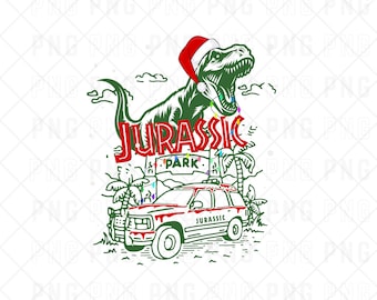 Puede incluir: Un Tiranosaurio Rex verde con un gorro de Papá Noel, con el texto "JURASSIC PARK" en rojo. Un vehículo rojo y blanco de Jurassic Park está debajo, con palmeras y un letrero. Luces navideñas alrededor del dinosaurio.