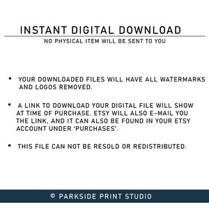 Puede incluir: Un gr&aacute;fico digital blanco con texto negro que indica INSTANT DIGITAL DOWNLOAD, NO PHYSICAL ITEM WILL BE SENT TO YOU, seguido de instrucciones sobre marcas de agua, enlaces de descarga y pol&iacute;ticas de redistribuci&oacute;n, terminando con el logo de Parkside Print Studio.
