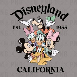 May include: A colorful illustration of Mickey Mouse, Minnie Mouse, Donald Duck, Goofy, and Pluto. The characters are arranged in a circle around the text "Disneyland Est 1955 California".