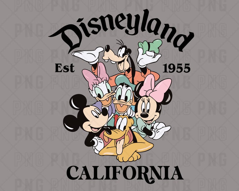 May include: A colorful illustration of Mickey Mouse, Minnie Mouse, Donald Duck, Goofy, and Pluto. The characters are arranged in a circle around the text "Disneyland Est 1955 California".