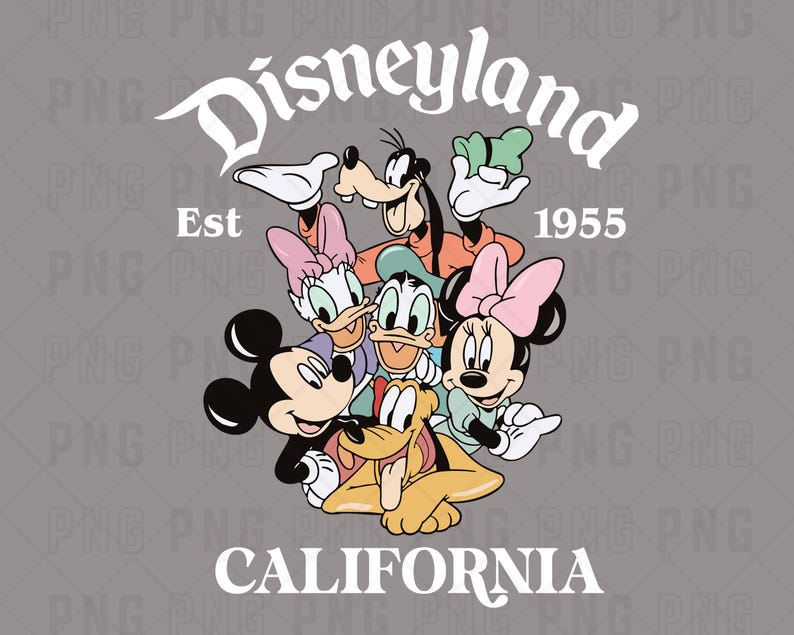 May include: A vintage-style Disneyland logo with the text "Disneyland" in a white script font, "Est 1955" in white text, and "CALIFORNIA" in white text. The logo is surrounded by a group of cartoon characters including Mickey Mouse, Minnie Mouse, Donald Duck, Goofy, and Pluto.