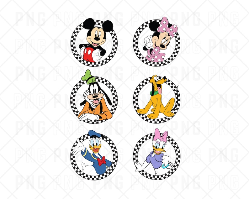 Pu&ograve; includere: Un set di sei adesivi grafici circolari raffiguranti classici personaggi dei cartoni animati tra cui Topolino, Minni, Pippo, Pluto, Paperino e Paperina, ciascuno incorniciato da un bordo a scacchi bianco e nero su sfondo bianco.