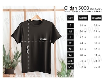 Tabla de tallas Gildan 5000, Tabla de tallas unisex G5000, Guía de tallas Gildan, Maqueta Gildan 5000, Infografía de tienda, Guía de tallas Gildan