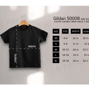 Jugend Gildan 5000B Größentabelle, Unisex G5000B Größentabelle, Gildan Größentabelle, Gildan 5000B Mockup, Shop Infografik, Jugend Gildan, Jugend-Shirt