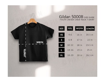 Tableau des tailles Gildan 5000B pour jeunes, Guide des tailles unisexe G5000B, Guide des tailles Gildan, Maquette Gildan 5000B, Infographie de la boutique, Gildan pour jeunes, chemise pour jeunes