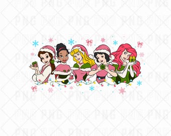 May include: A digital illustration of six cartoon characters, each wearing a pink Santa hat and holding a gift. They are surrounded by snowflakes, pink bows, and a string of lights, creating a festive holiday theme.