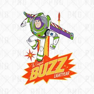 May include: A cartoon illustration of Buzz Lightyear in his signature white, green, and purple spacesuit, mid-jump with a rocket blasting behind him. The image includes the text "The Original Buzz Lightyear" in a yellow and red burst.
