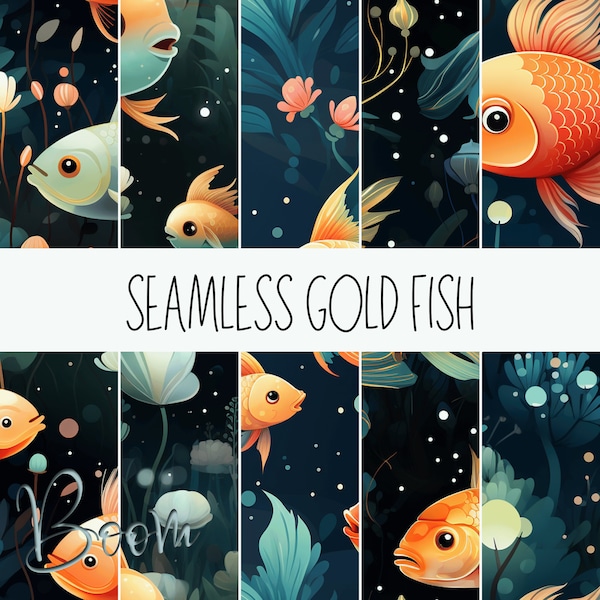 Seamless Fishies in Magical Waters, Cute Goldfish, Seamless Pattern, Watercolor Goldfish Pattern, 10 Designs, 2048x2048, Commercial Use