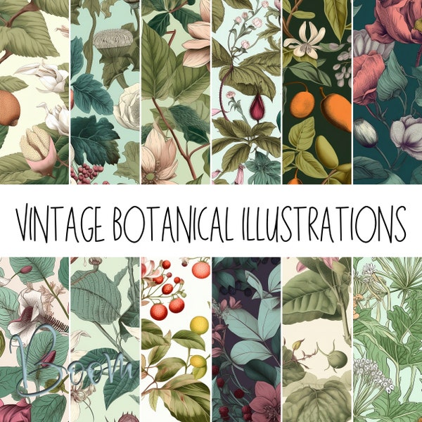 Vintage Style Botanical Illustrations Digital Paper, Botanical Seamless Pattern, Watercolor Backgrounds, 12 Designs, 2048x2048, Commercial