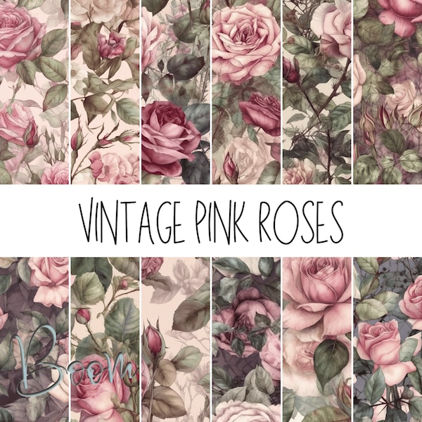 Vintage Style Pink Roses Digital Paper, Seamless Pink Roses, Watercolor Flower Backgrounds, Vintage Pink Roses, Seamless Pattern