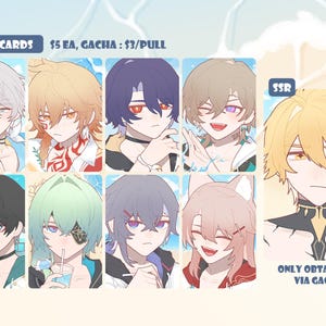 以下が含まれることがあります： アニメスタイルのキャラクターフォトカードイラストのコレクション。カードには、さまざまな髪の色と表情を持つさまざまなキャラクターが描かれています。「PHOTOCARDS」というテキストが上部にあります。「ONLY OBTAINABLE VIA GACHA」というテキストが下部にあります。