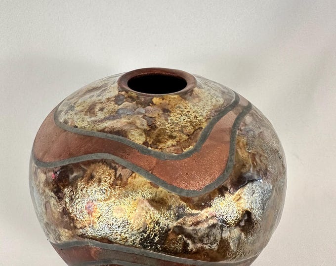 Raku Golden Vase With Copper Matte Accents 7.5