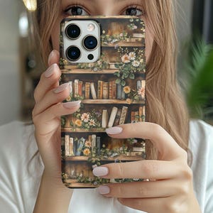 Floral Bookcase iPhone Case 16 15 14 13 12 11 Pro Max Plus Samsung Galaxy Tough Phone Case Books Bookshelf Reading Gift Cottagecore Bookish