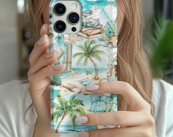 Vintage Sea Beach Palm Trees Collage iPhone 16 15 14 13 Pro Max Case, Book lover Phone Case, Bookish Samsung Galaxy Phone Cases, Reader Gift