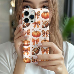 Coquette Football Season Bow Aesthetic Fall Phone Case, Seasonal Pumpkin iPhone 16 15 14 13 12 Pro Max Plus, Autumn Thanksgiving Sport Girly