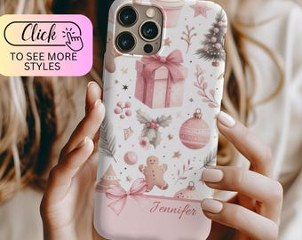 Personalized Coquette Christmas Phone Case,Customized iPhone 15 14 13 12 11 Pro Max, Custom Initial Name Pink Bow Samsung Galaxy Case Gift