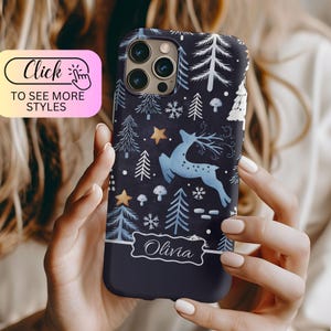 Personalized Christmas Phone Case,Customized iPhone 15 14 13 12 11 Pro Max, Custom Initial Name Reindeer Samsung Galaxy Case Gift, Blue Tree
