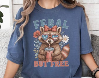 Comfort Colors Fourth of July Cute Raccoon Shirt,Funny Feral But Free T-Shirt, July 4th Summer Fun Graphic Tee, Red White and Blue Patriotic