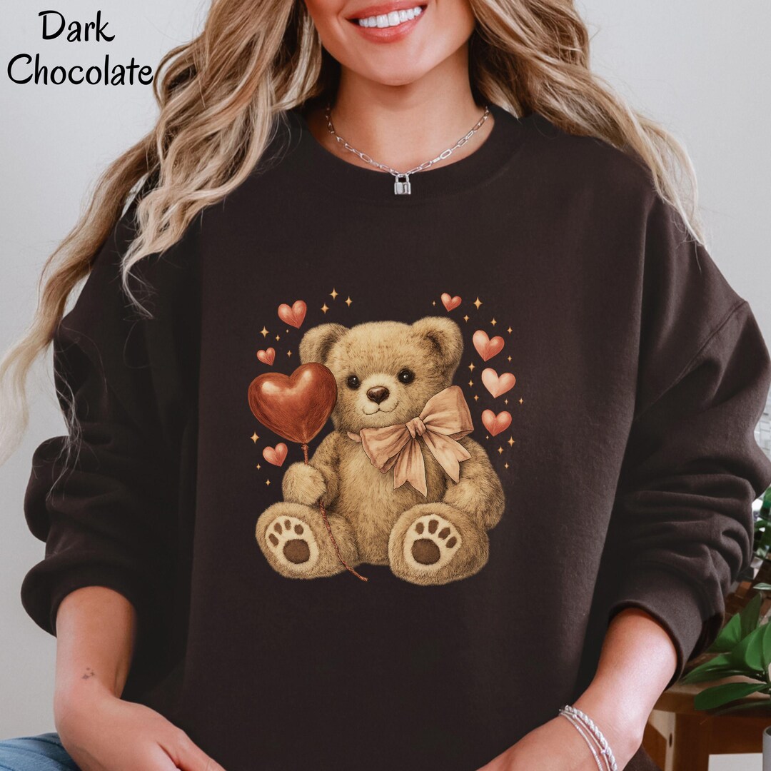Vintage Cute Teddy Bear Sweatshirt, Valentine Heart Balloon Pullover ...