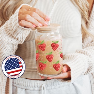 Strawberry Glass Tumbler with Bamboo Lid and Straw, Coquette Pre&#39;ppy Aesthetic 16oz Glass Cup, Iced Coffee Mug, Coffee Lover Gift, Glass Can