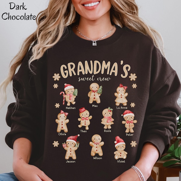 Felpa personalizzata con scritta "Nonna" di pan di zenzero natalizio, maglione personalizzato con i nomi dei nipoti e della nonna, maglietta personalizzata per la nonna, regalo per la mamma