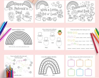 St. Patrick's Day Kid Printable Coloring Pages and Activity Sheets, Lucky Coloring Pages, Shamrock, Rainbow Preschool Activities, 10 pages
