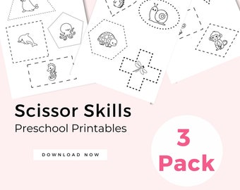 Scissor Skills for Preschool Printables, 3 pack Worksheets B&W, Cutting Practice Page for Kids, Tracing Shapes, PreK Fine Motor Skills