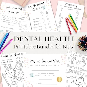 Paquete de 6 actividades imprimibles de salud dental para niños, carta del hada de los dientes, certificado de la primera visita al dentista, páginas para colorear del dentista, estrellas