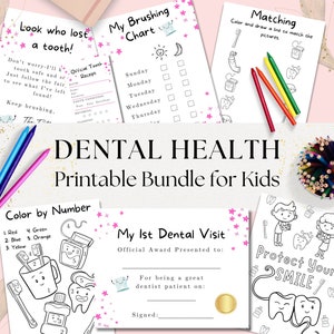 Paquete de 6 actividades imprimibles de salud dental preescolar, carta del hada de los dientes, certificado de la primera visita al dentista, páginas para colorear del dentista para niños rosa