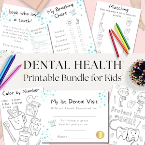 Paquete de 6 actividades imprimibles de salud dental para niños, carta del hada de los dientes, certificado de la primera visita al dentista, páginas para colorear del dentista, estrellas verde azulado