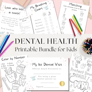 Actividades imprimibles de salud dental preescolar, 7 páginas, Carta del hada de los dientes, Certificado de primera visita al dentista, Páginas para colorear de dentista para niños