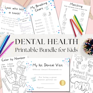 Paquete de 6 actividades imprimibles para niños sobre salud dental, Carta del hada de los dientes, Certificado de primera visita al dentista, Páginas para colorear de dentistas, Estrellas brillantes