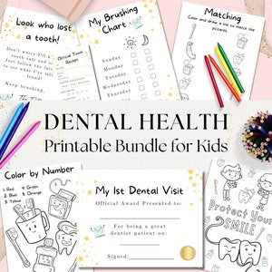 Paquete de 6 actividades imprimibles de salud dental para niños, carta del hada de los dientes, certificado de la primera visita al dentista, páginas para colorear del dentista, estrellas amarillas