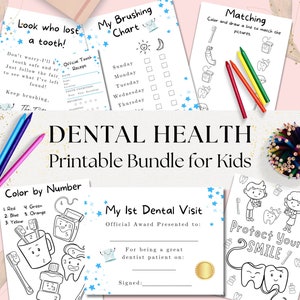 Paquete de 6 actividades imprimibles de salud dental para niños, carta del hada de los dientes, certificado de la primera visita al dentista, páginas para colorear del dentista, estrellas azules