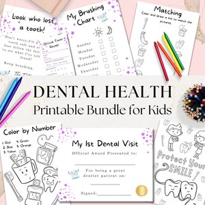 Paquete de 6 actividades imprimibles de salud dental para niños, carta del hada de los dientes, certificado de la primera visita al dentista, páginas para colorear del dentista, estrellas moradas