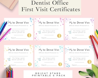 Certificat officiel de ma 1ère visite chez le dentiste, imprimable chez le dentiste, lettre de récompense Kids First Dentist, santé dentaire, lot de 6 étoiles brillantes