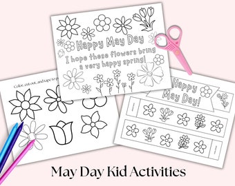 May Day Crafts for Kids Printable, Happy May Day Card, Spring Preschool Activity Printable, Printable Crown Craft, Flower Cut Outs, Coloring