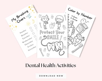 Pode incluir: Três folhas de trabalho imprimíveis para crianças aprenderem sobre higiene dental. A primeira folha de trabalho é um gráfico de escovação com uma lista de verificação para cada dia da semana. A segunda folha de trabalho é uma página para colorir com dois dentes de desenho animado e o texto "Proteja seu sorriso". A terceira folha de trabalho é uma atividade de colorir por números com uma escova de dentes, pasta de dentes e fio dental.