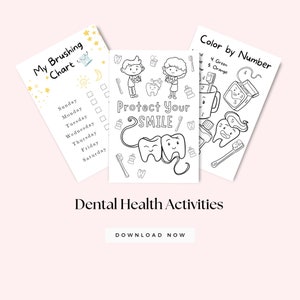 Paquete de 3 actividades de salud dental preescolar, tabla de cepillado para niños, hojas para colorear de dentista, página para colorear por números, protege tu sonrisa