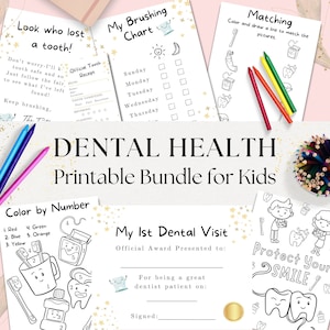 Paquete de actividades imprimibles de salud dental preescolar, Carta del hada de los dientes, Certificado de primera visita al dentista, Páginas para colorear de dentista para niños Dorado