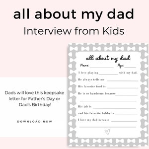 Carta de entrevista preescolar Todo sobre mi papá, Carta de los niños para el Día del Padre, Regalo imprimible de tarjeta de cumpleaños para papá, Actividad para niños, Pajaritas grises