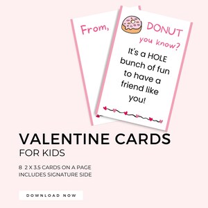 Pink Donut Valentine&#39;s Day Cards for Classmates, Instant Printable, Kids Classroom Valentine, Kid activity, February, 2 x 3.5 inches