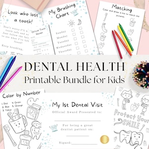 Paquete de 6 actividades imprimibles de salud dental preescolar, Carta del hada de los dientes, Certificado de primera visita al dentista, Páginas para colorear de dentista para niños Azul