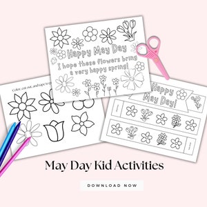 Activités manuelles du premier mai pour enfants à imprimer, carte Joyeux 1er mai, activité préscolaire de printemps à imprimer, travaux manuels imprimables couronnes, fleurs à découper, coloriage