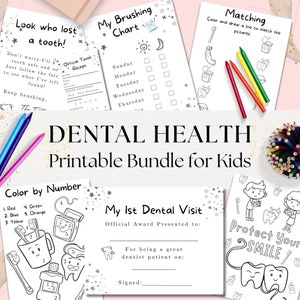 Actividades imprimibles de salud dental para niños, Carta del hada de los dientes, Certificado de primera visita al dentista, Páginas para colorear de dentista preescolar en blanco y negro