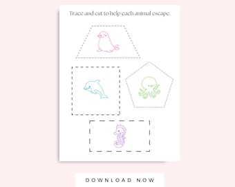 Cutting Activities for Preschool Printable, Ocean Animal Themed Worksheet, Scissor Skills Tracing Practice Page for Kids, Fine Motor Skills